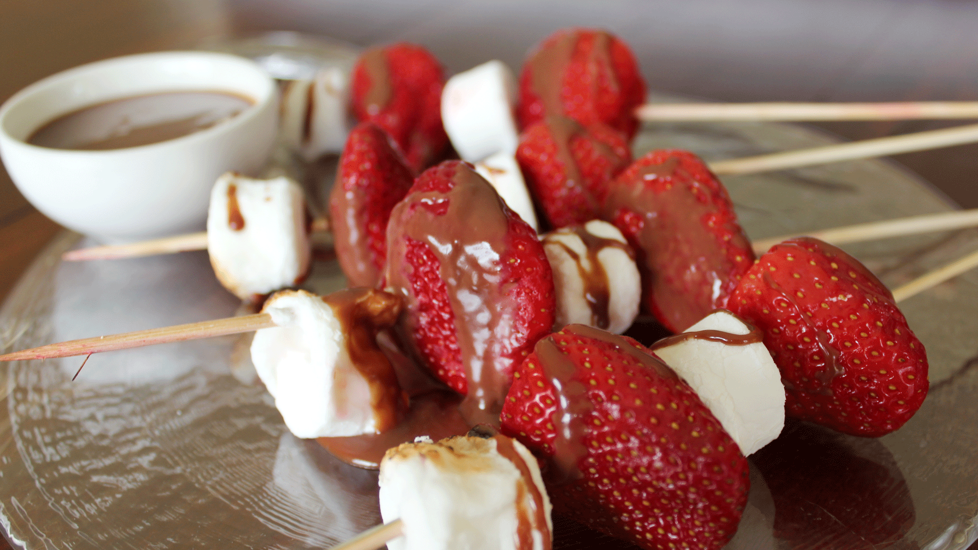 Strawberry And Marshmallow Skewers With Chocolate Sauce