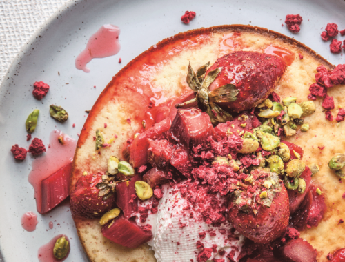 Rosewater Hotcakes With Roasted Rhubarb & Strawberry