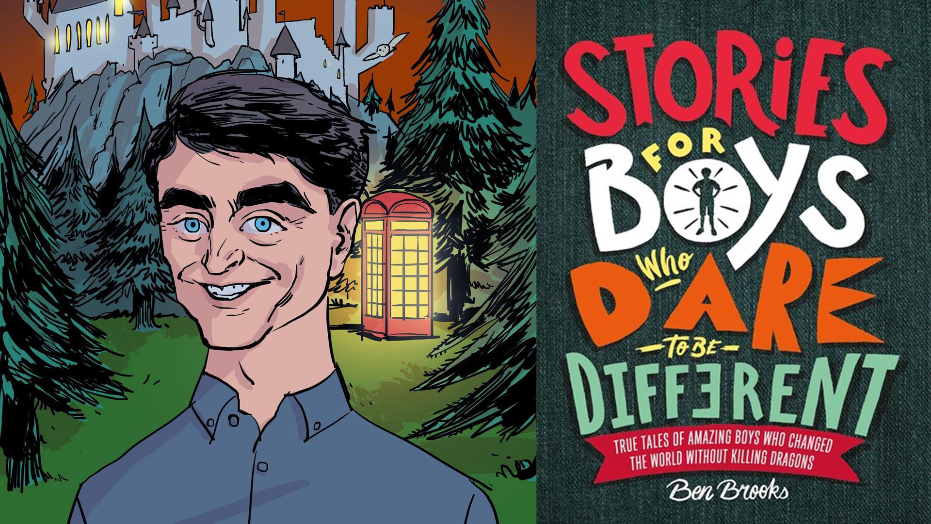 Illustration of Daniel Radcliffe and the Stories for Boys Who Dare to Be Different book jacket.